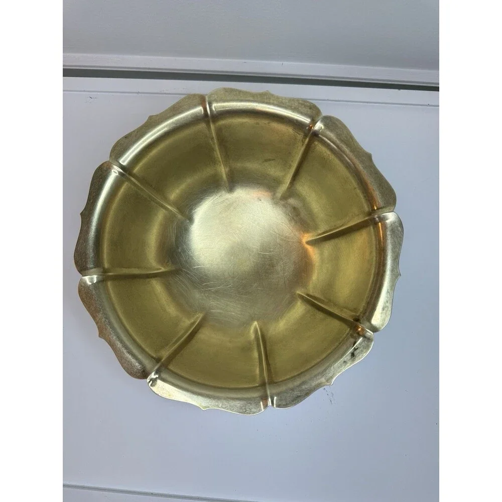 Vintage Brass Pedestal Bowl Scalloped Edge Footed Decorative Dish Chinoiserie